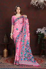 Pink Jamdani Floral Cotton Saree