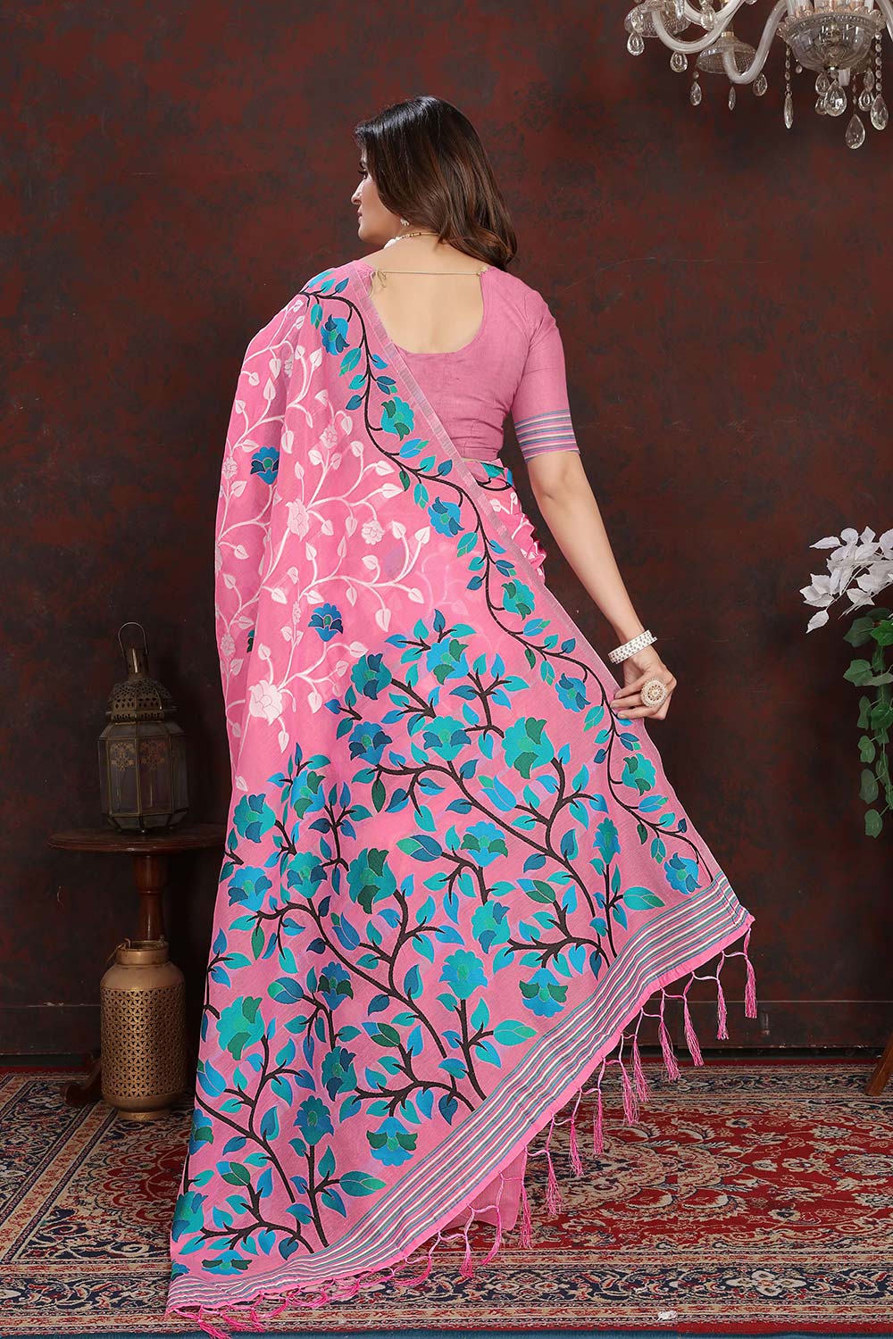 Pink Jamdani Floral Cotton Saree