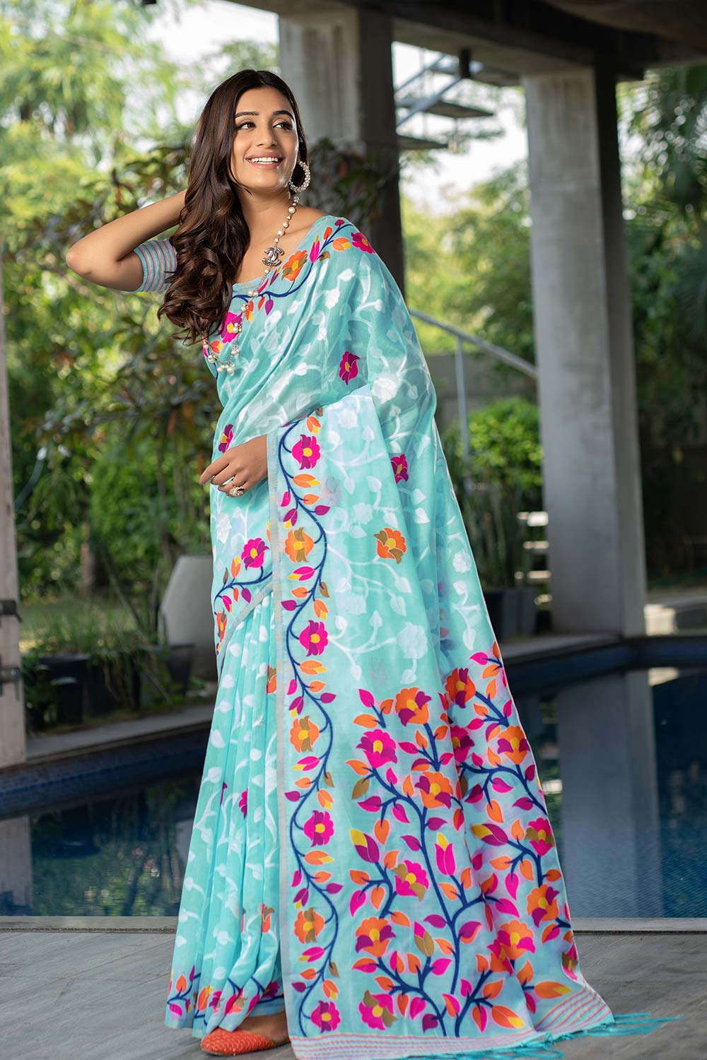 Sky Blue Jamdani Floral Cotton Saree