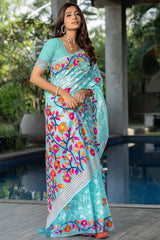 Sky Blue Jamdani Floral Cotton Saree