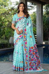 Sky Blue Jamdani Floral Cotton Saree