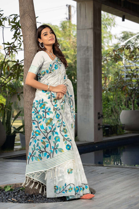 White Jamdani Floral Cotton Saree