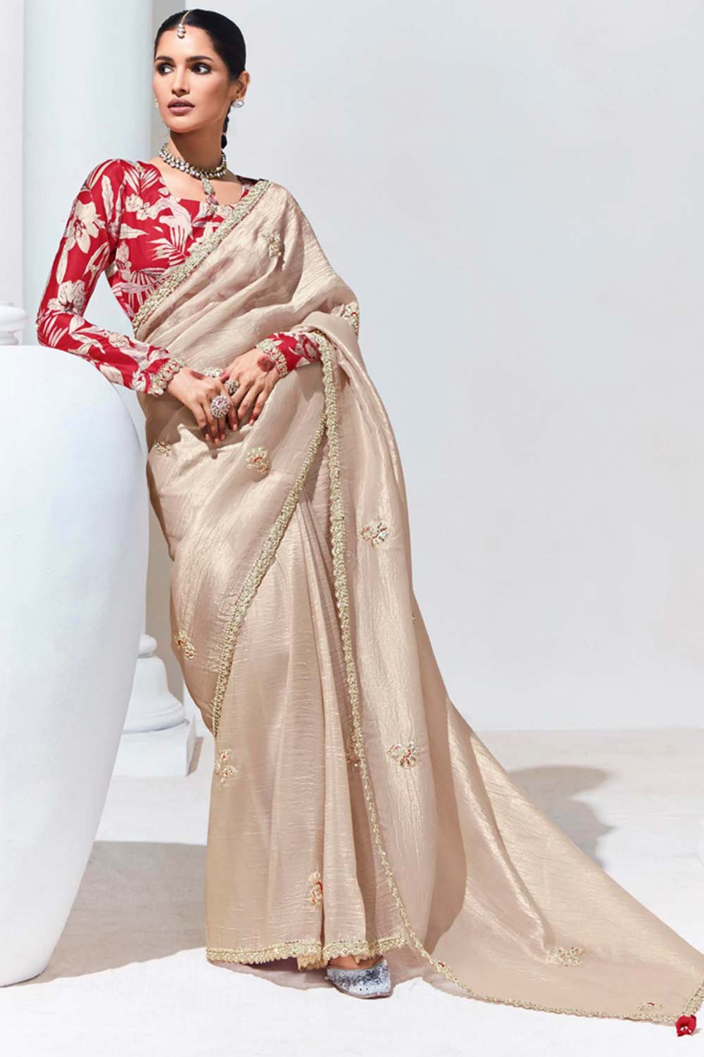 Red Silk Embroidered  Saree