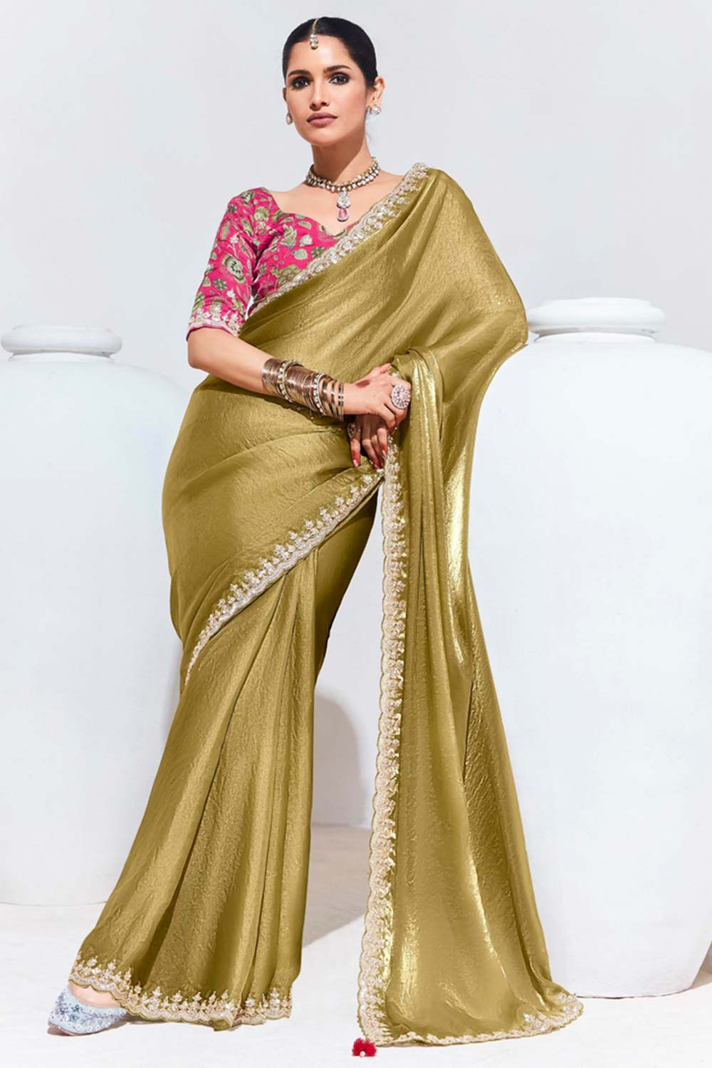 Pink Silk Embroidered  Saree