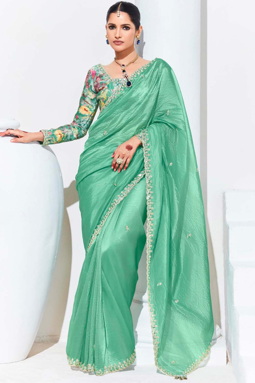 Green Silk Embroidered  Saree