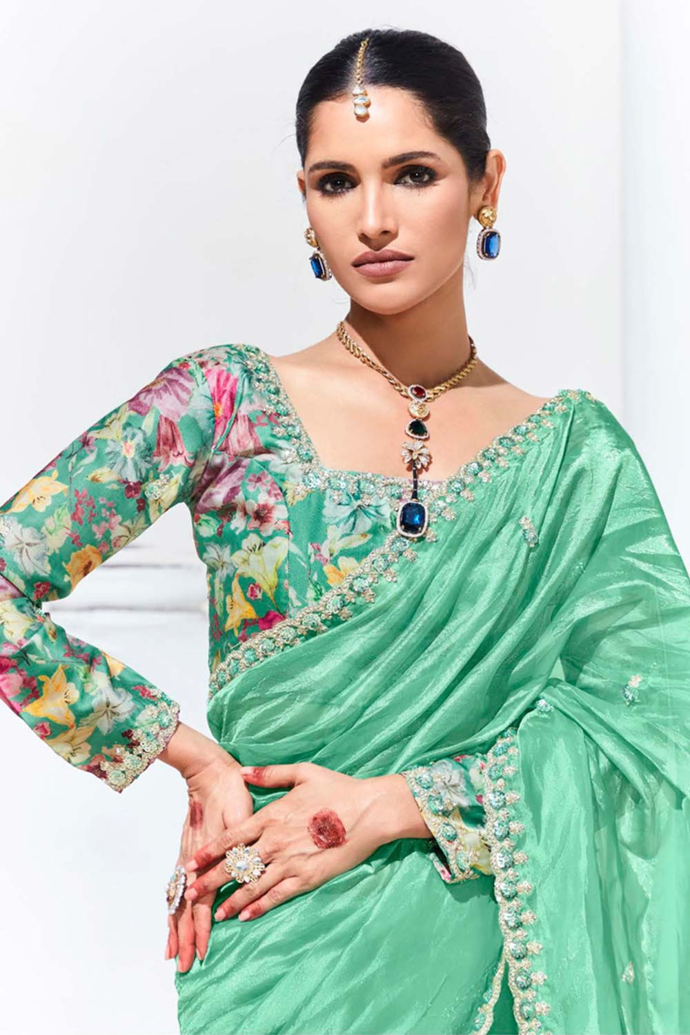 Green Silk Embroidered  Saree