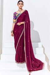 Wine Silk Embroidered  Saree