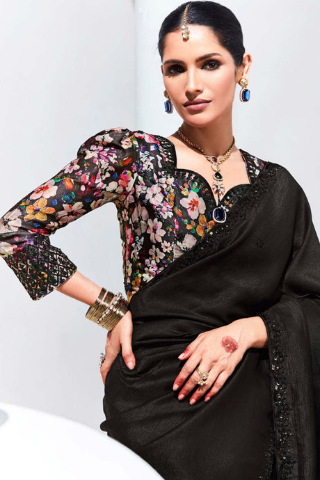 Black Silk Embroidered  Saree