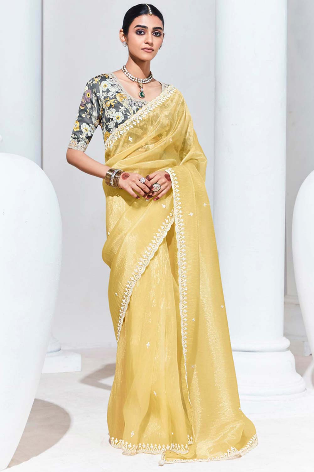 Grey Silk Embroidered  Saree