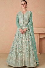 Sky Blue Faux Georgette Embroidered V Neck Anarkali Suit