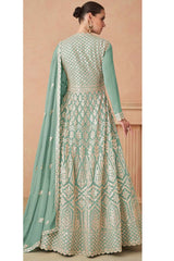 Sky Blue Faux Georgette Embroidered V Neck Anarkali Suit