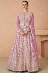 Lavender Faux Georgette Embroidered V Neck Anarkali Suit