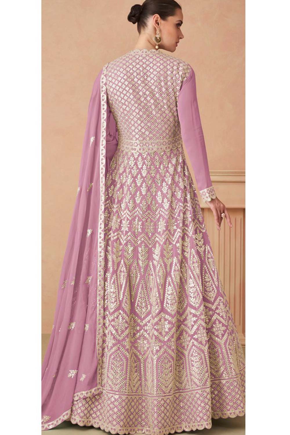 Lavender Faux Georgette Embroidered V Neck Anarkali Salwar Kameez