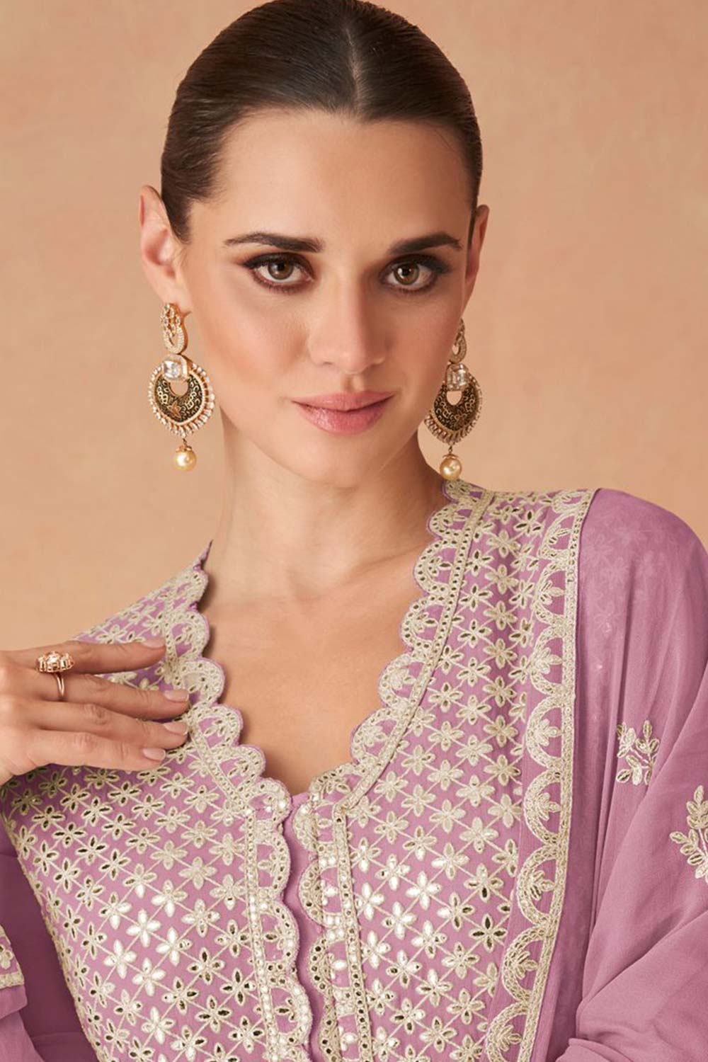 Lavender Faux Georgette Embroidered V Neck Anarkali Suit