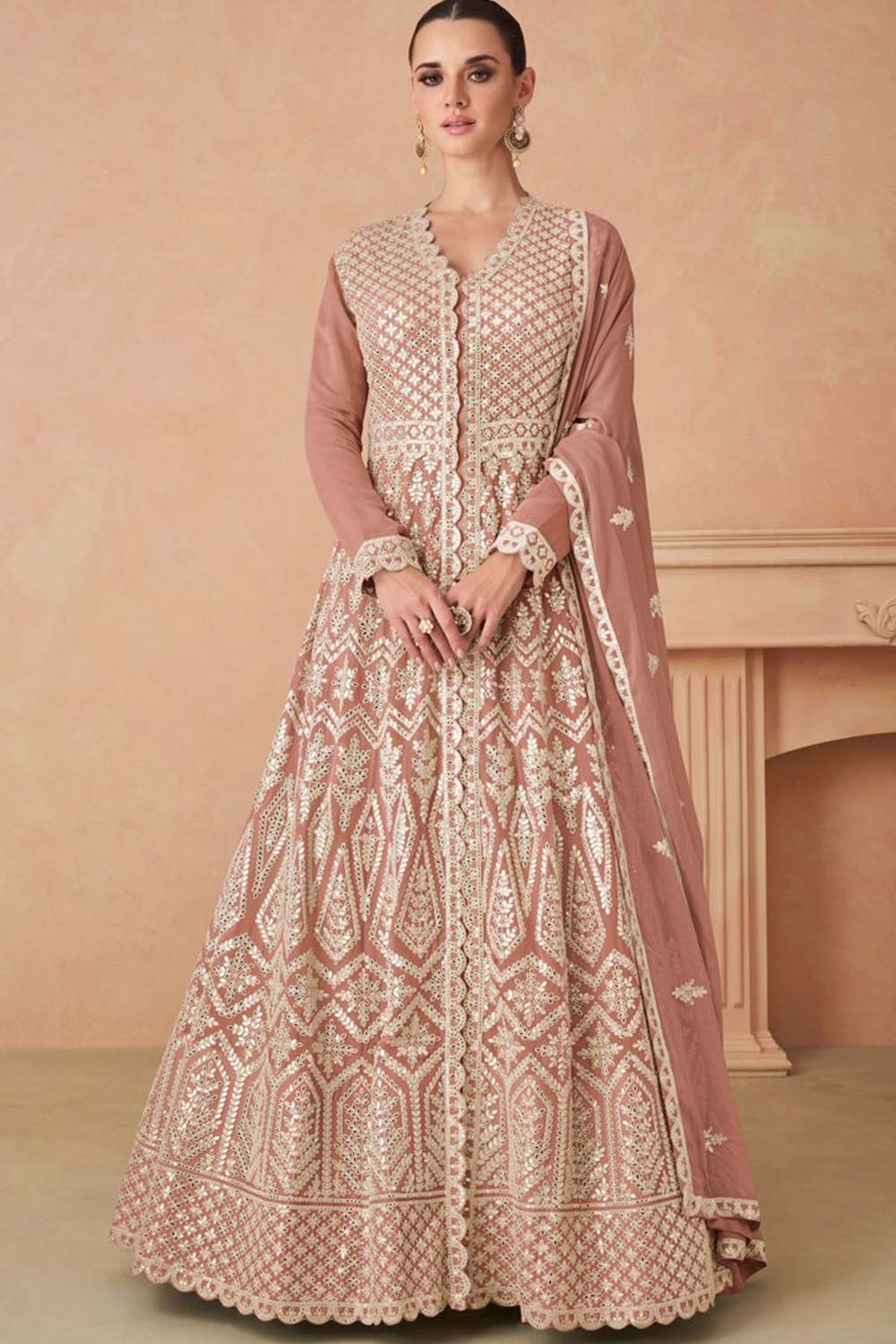 Light Brown Faux Georgette Embroidered V Neck Anarkali Suit