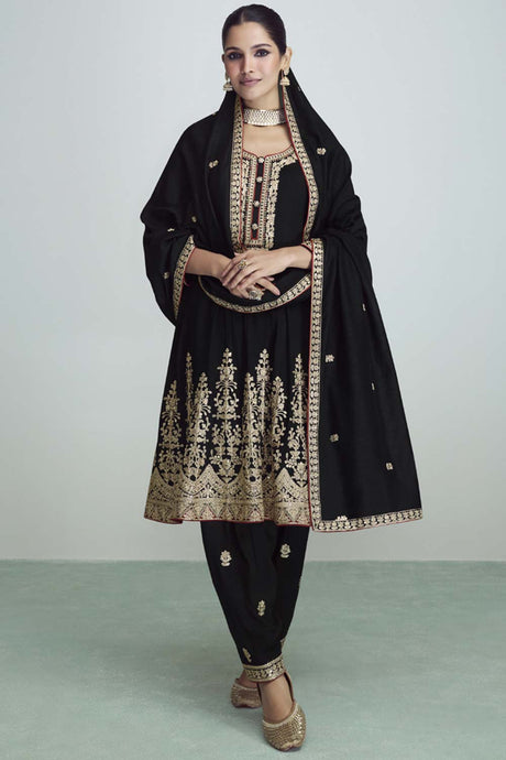 Black Silk Embroidered Readymade Suits
