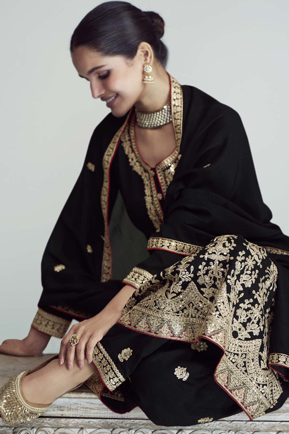 Black Silk Embroidered Readymade Suits