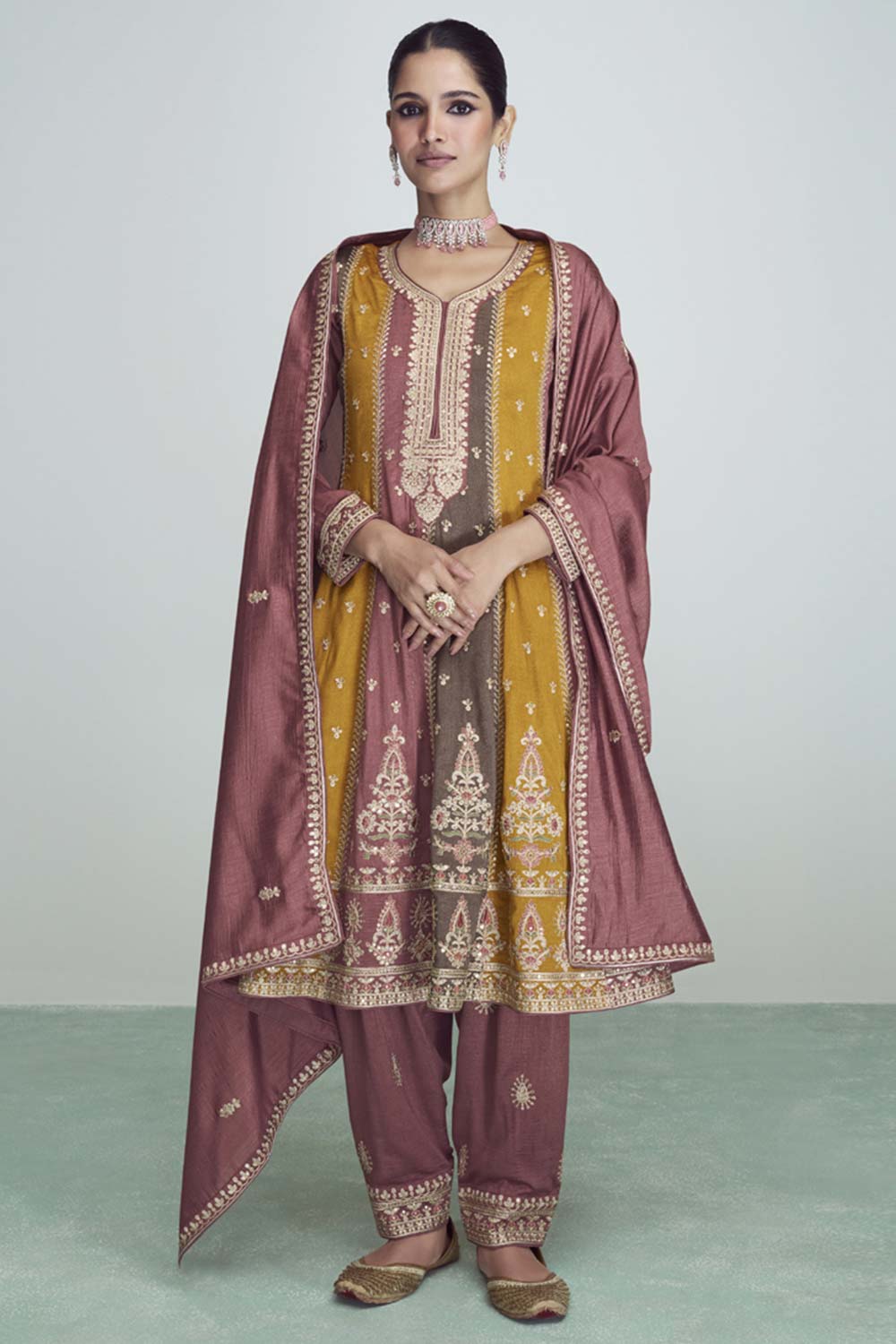 Multicolor Silk Embroidered Readymade Suits