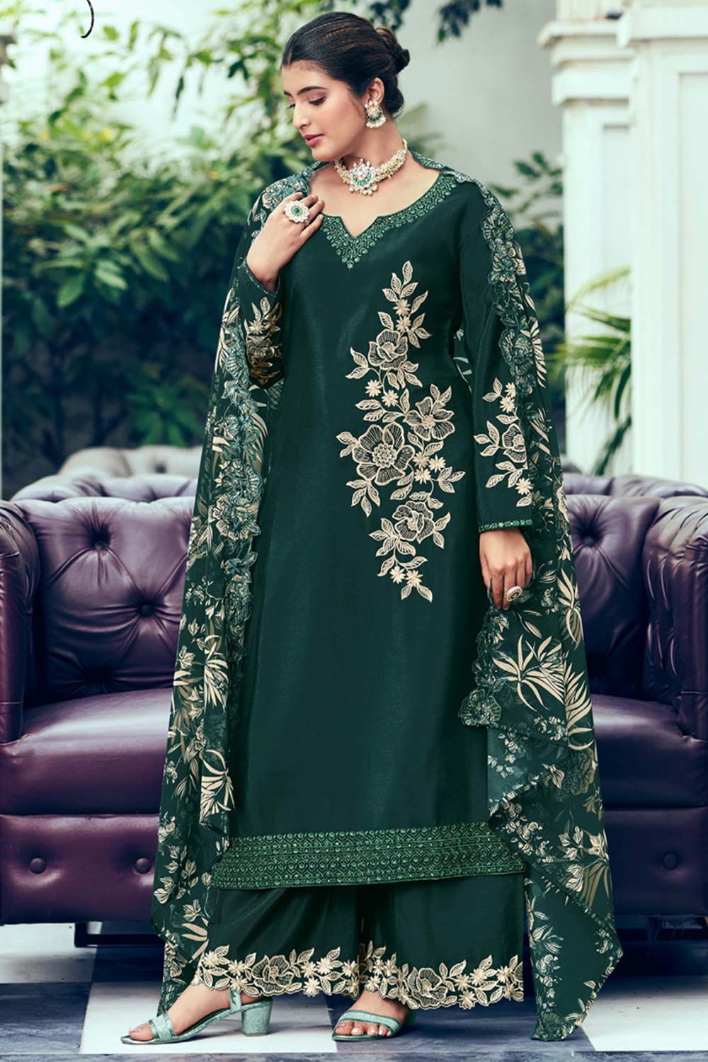 Dark Green Georgette Embroidered V Neck Salwar Kameez