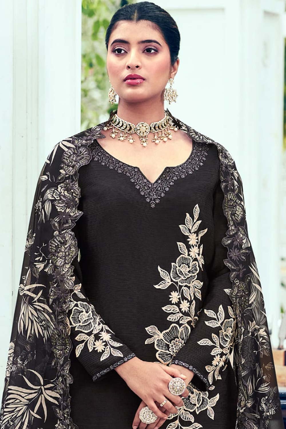 Coffee Georgette Embroidered V Neck Salwar Kameez