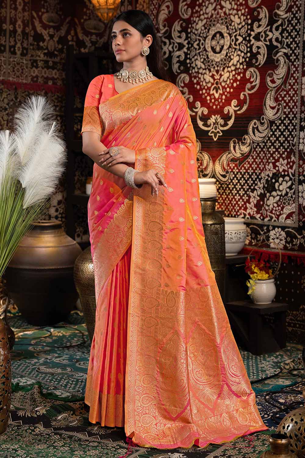 Orange Zari Banarasi Saree