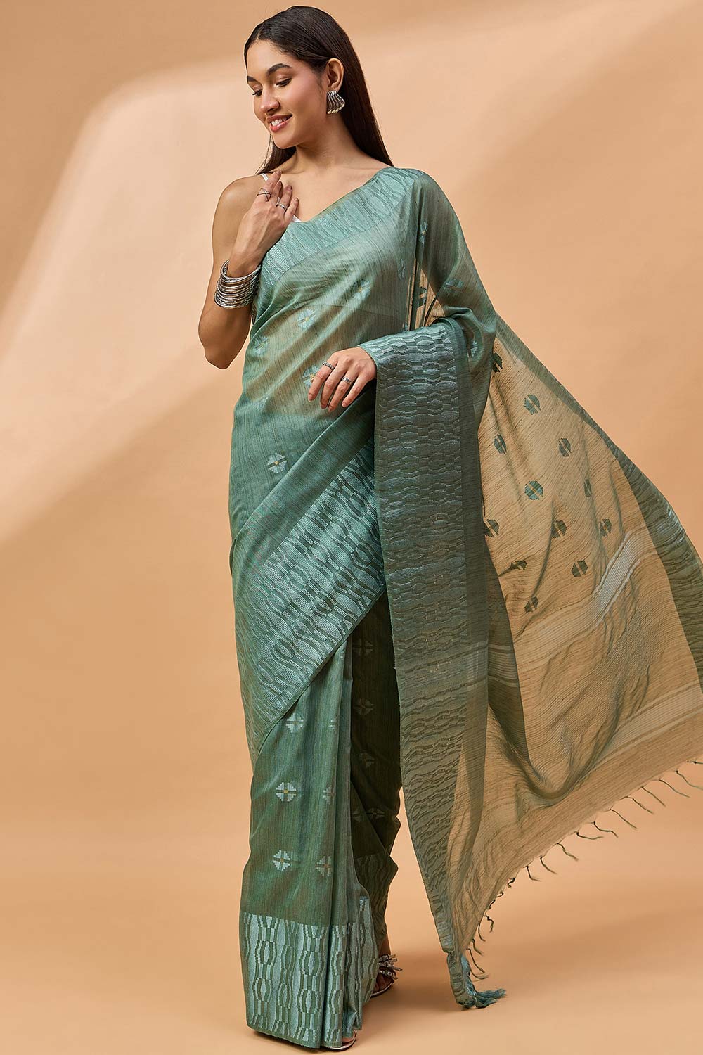 Green Silk Blend Woven Saree