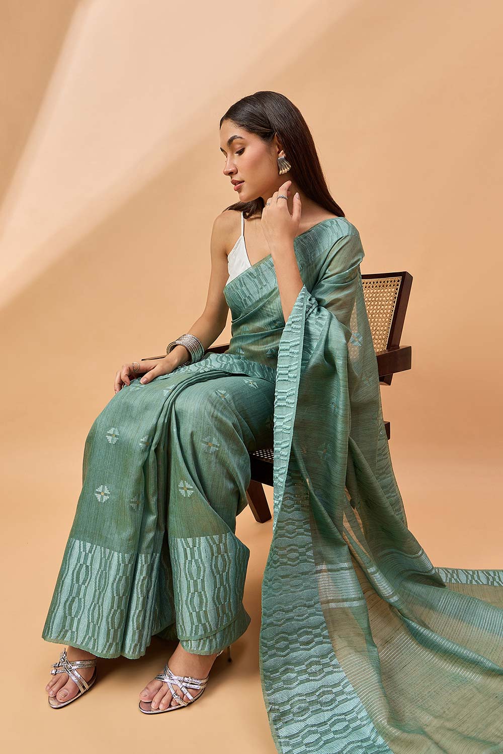 Green Silk Blend Woven Saree