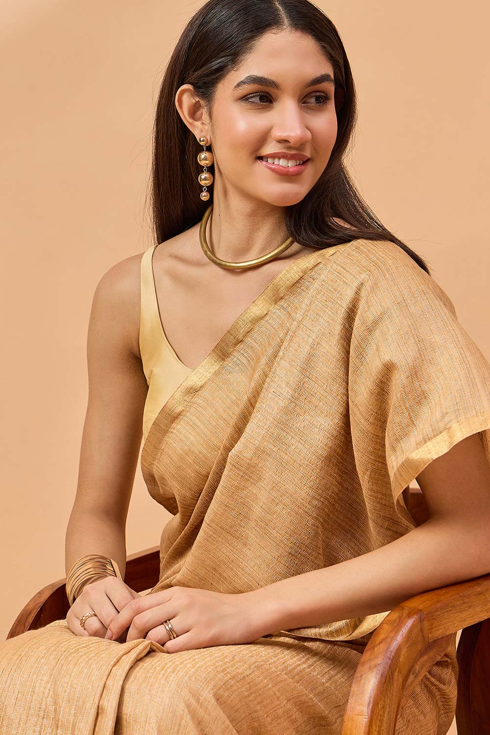 Peach Silk Blend Woven Saree