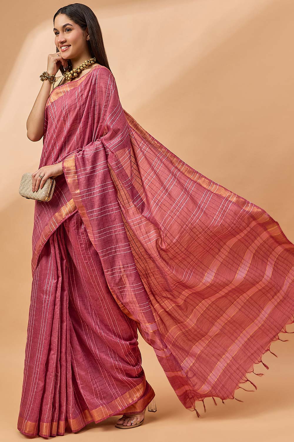 Maroon Silk Blend Woven Saree