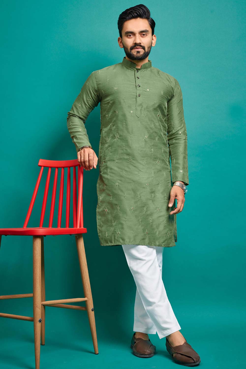 Green Embroidered Silk Kurta Pajama Set