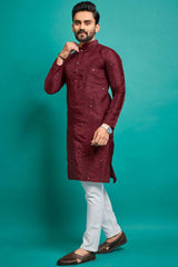 Red Embroidered Silk Kurta Pajama Set