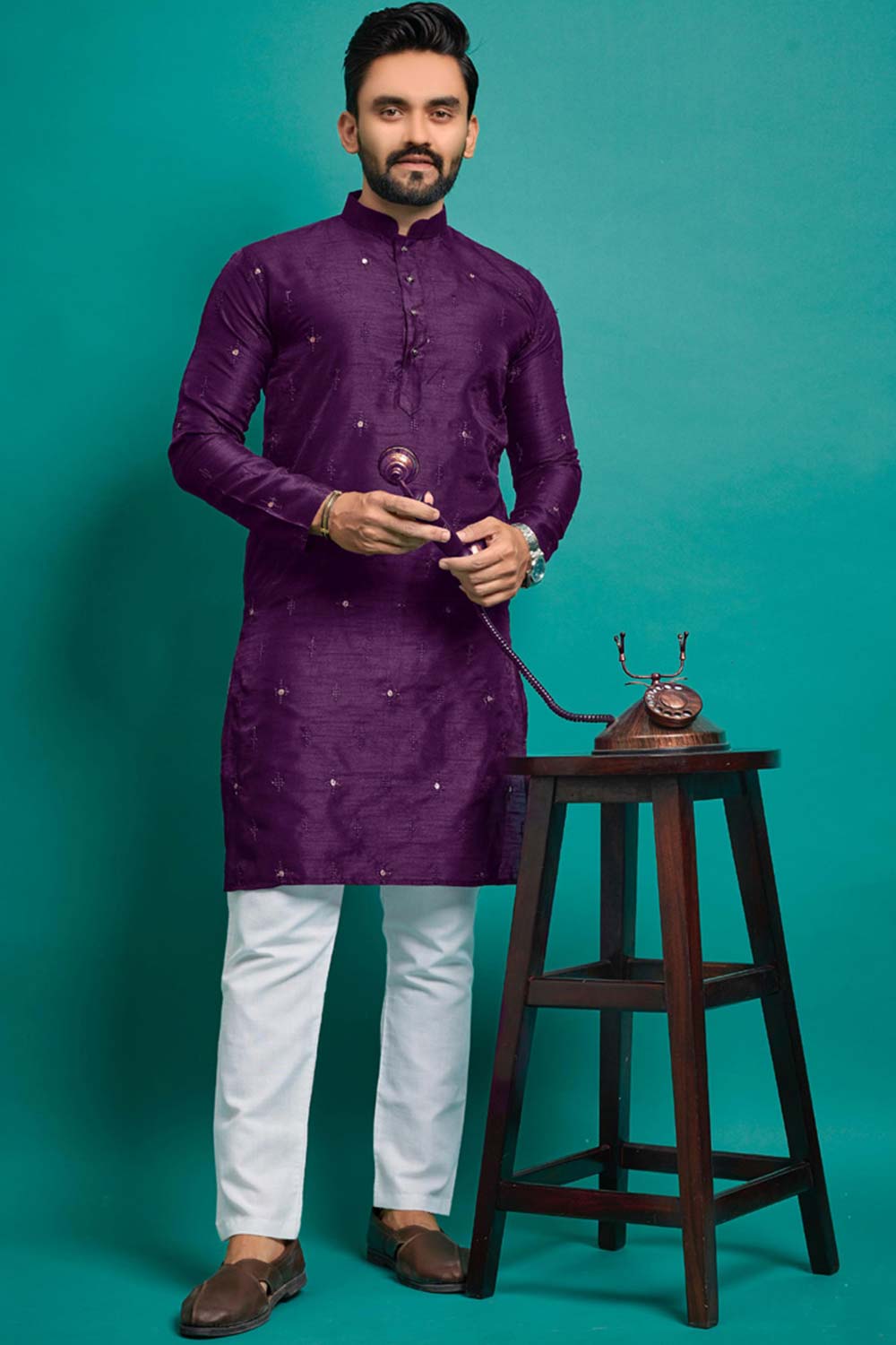 Violet Embroidered Silk Kurta Pajama Set