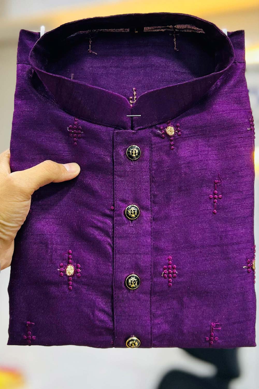 Violet Embroidered Silk Kurta Pajama Set