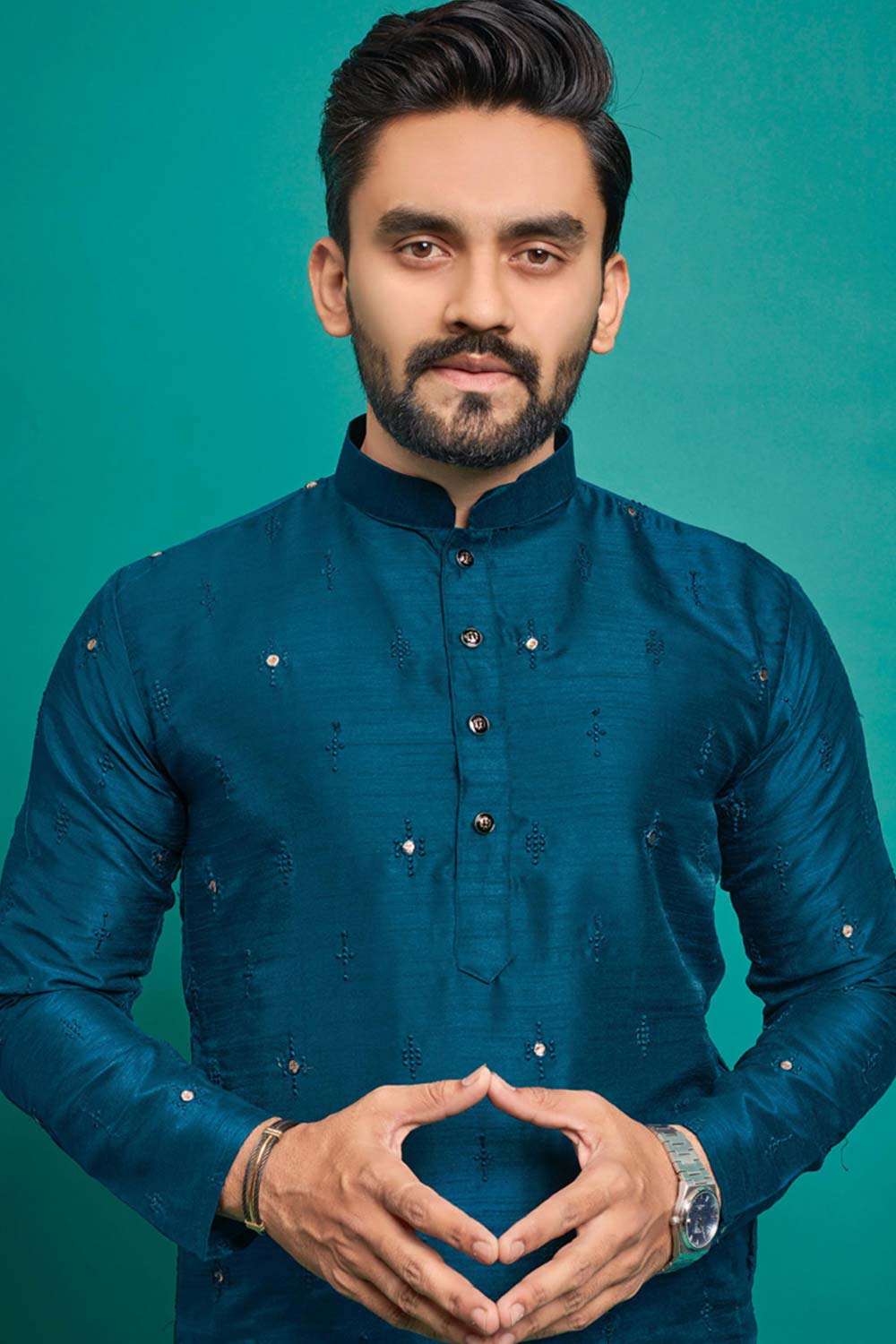 Blue Embroidered Silk Kurta Pajama Set