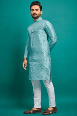 Blue Embroidered Silk Kurta Pajama Set