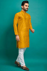 Yellow Embroidered Silk Kurta Pajama Set