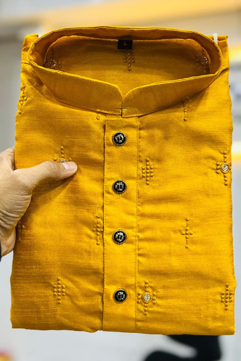 Yellow Embroidered Silk Kurta Pajama Set