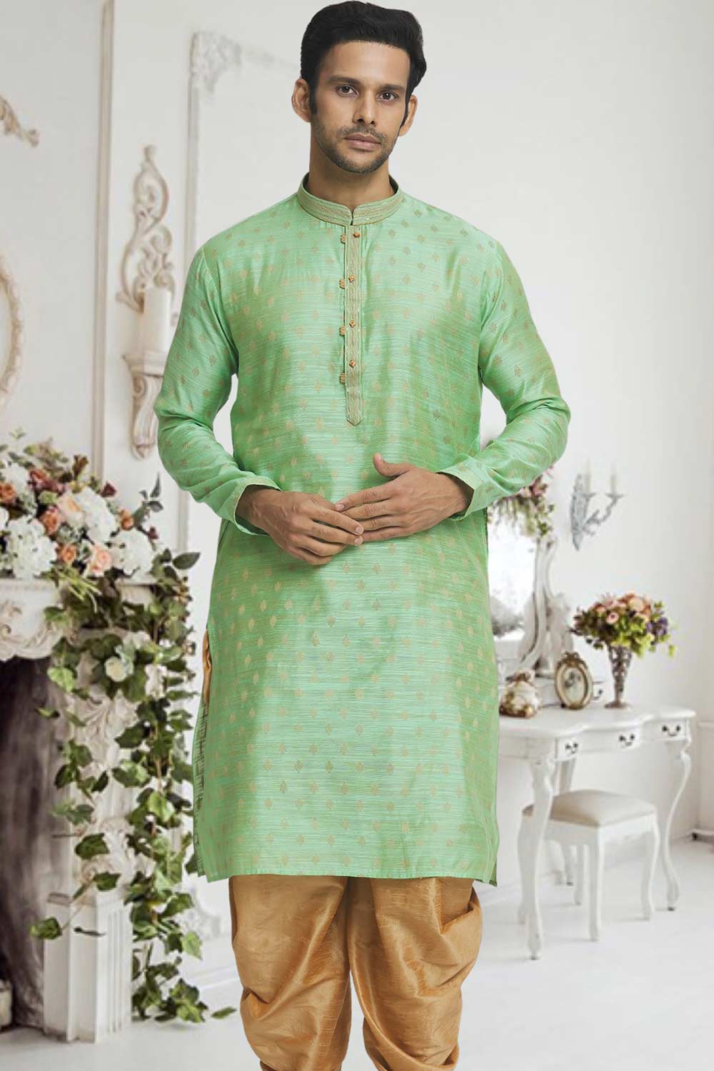 Green Brown Woven Kurta Pajama Set