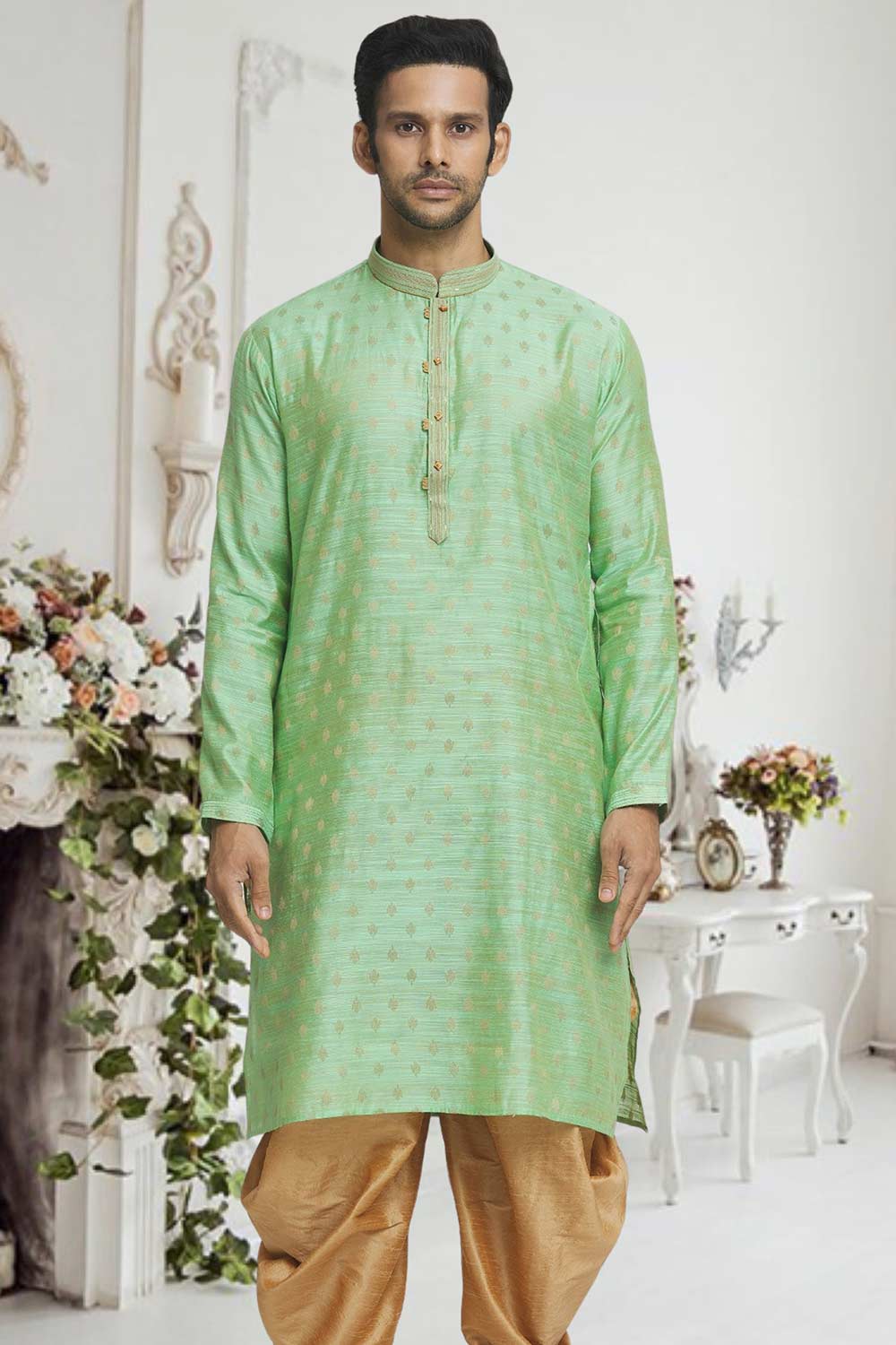 Green Brown Woven Kurta Pajama Set