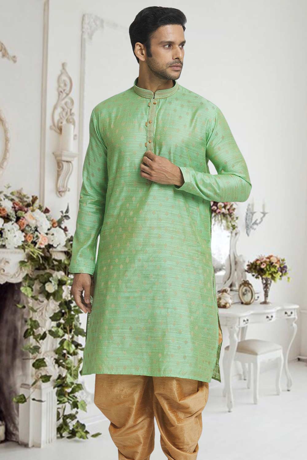 Green Brown Woven Kurta Pajama Set