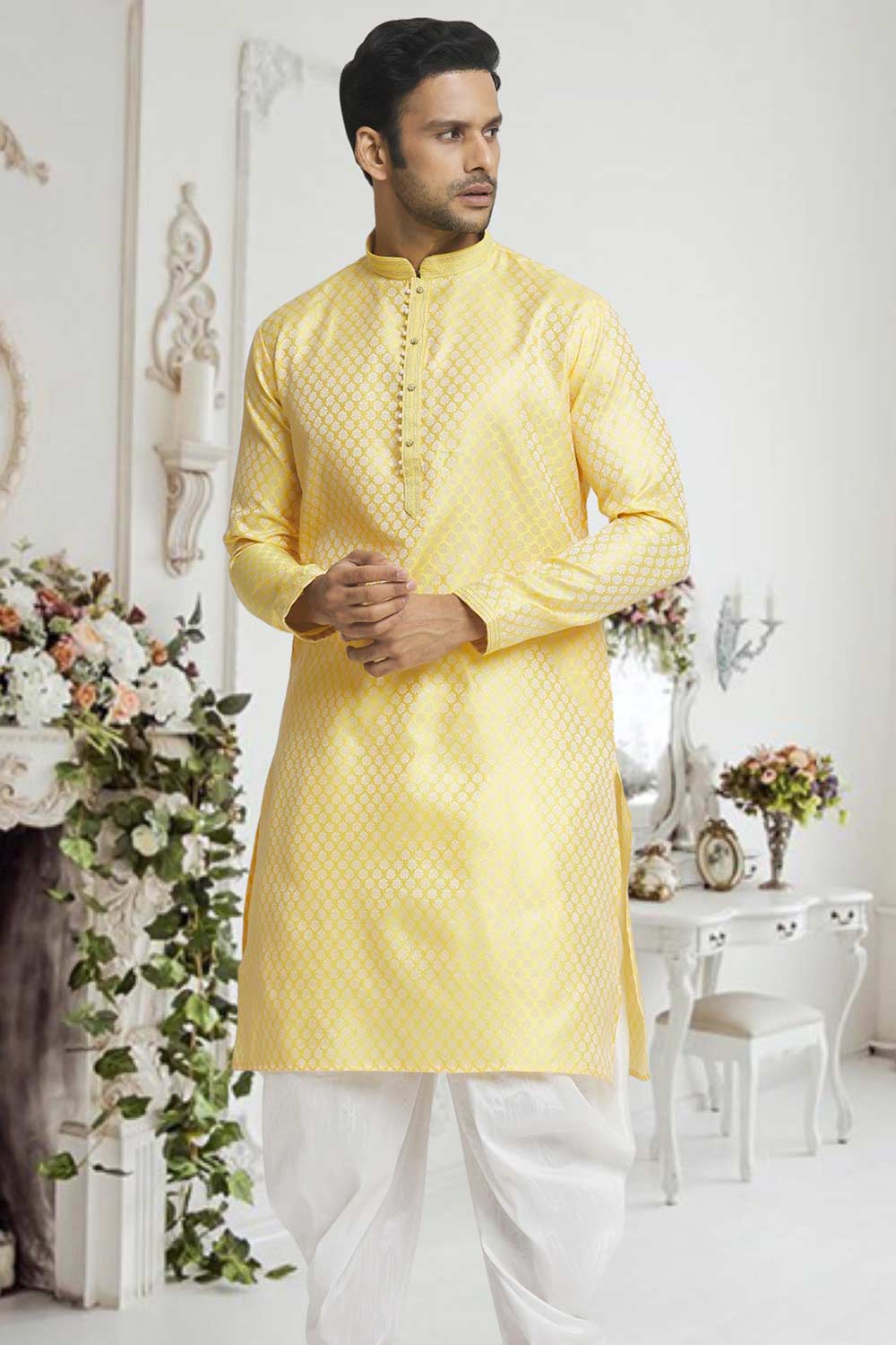 Yellow Off White Woven Kurta Pajama Set