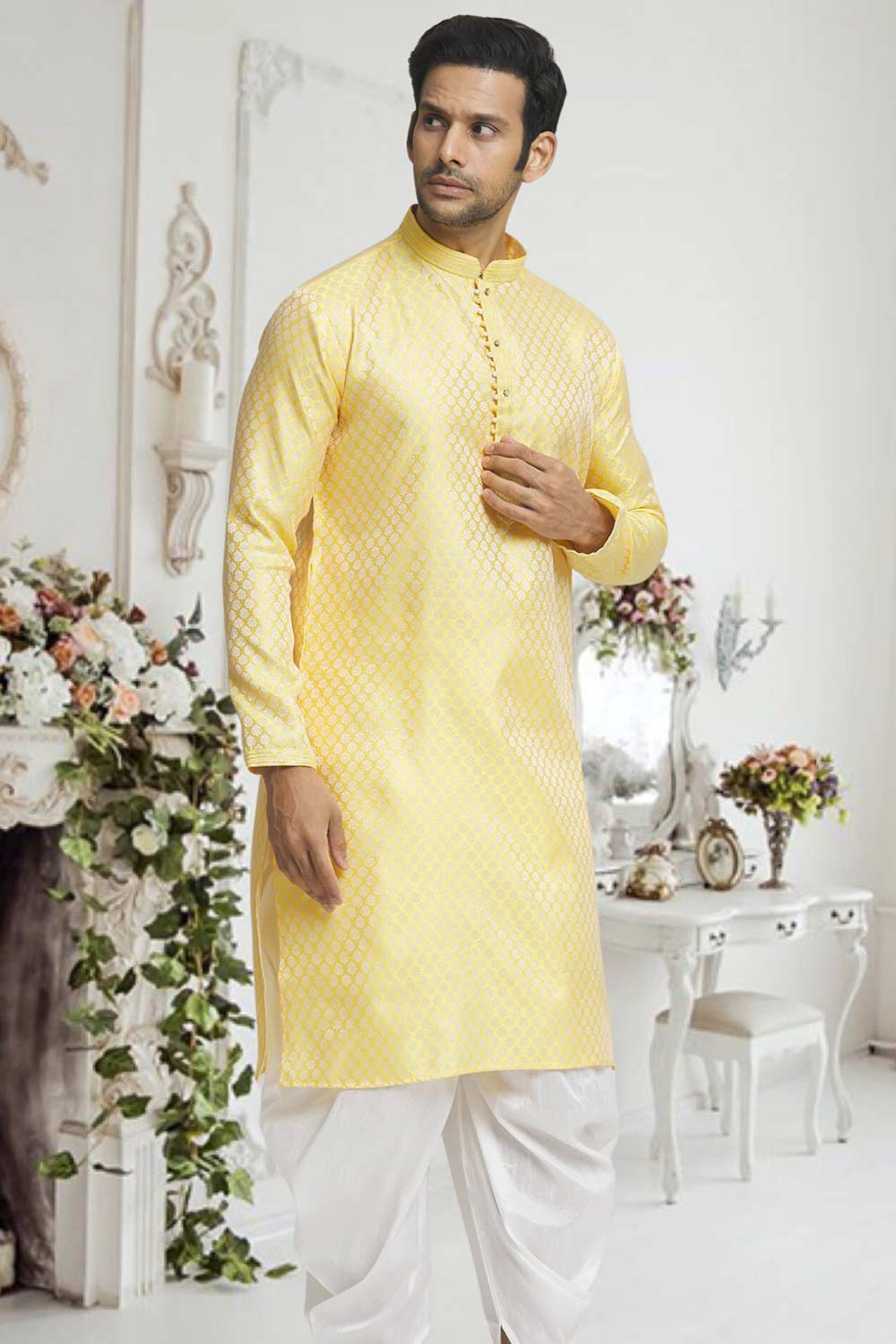 Yellow Off White Woven Kurta Pajama Set