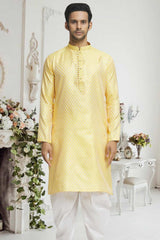 Yellow Off White Woven Kurta Pajama Set