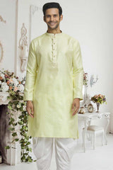 Yellow Off White Woven Kurta Pajama Set