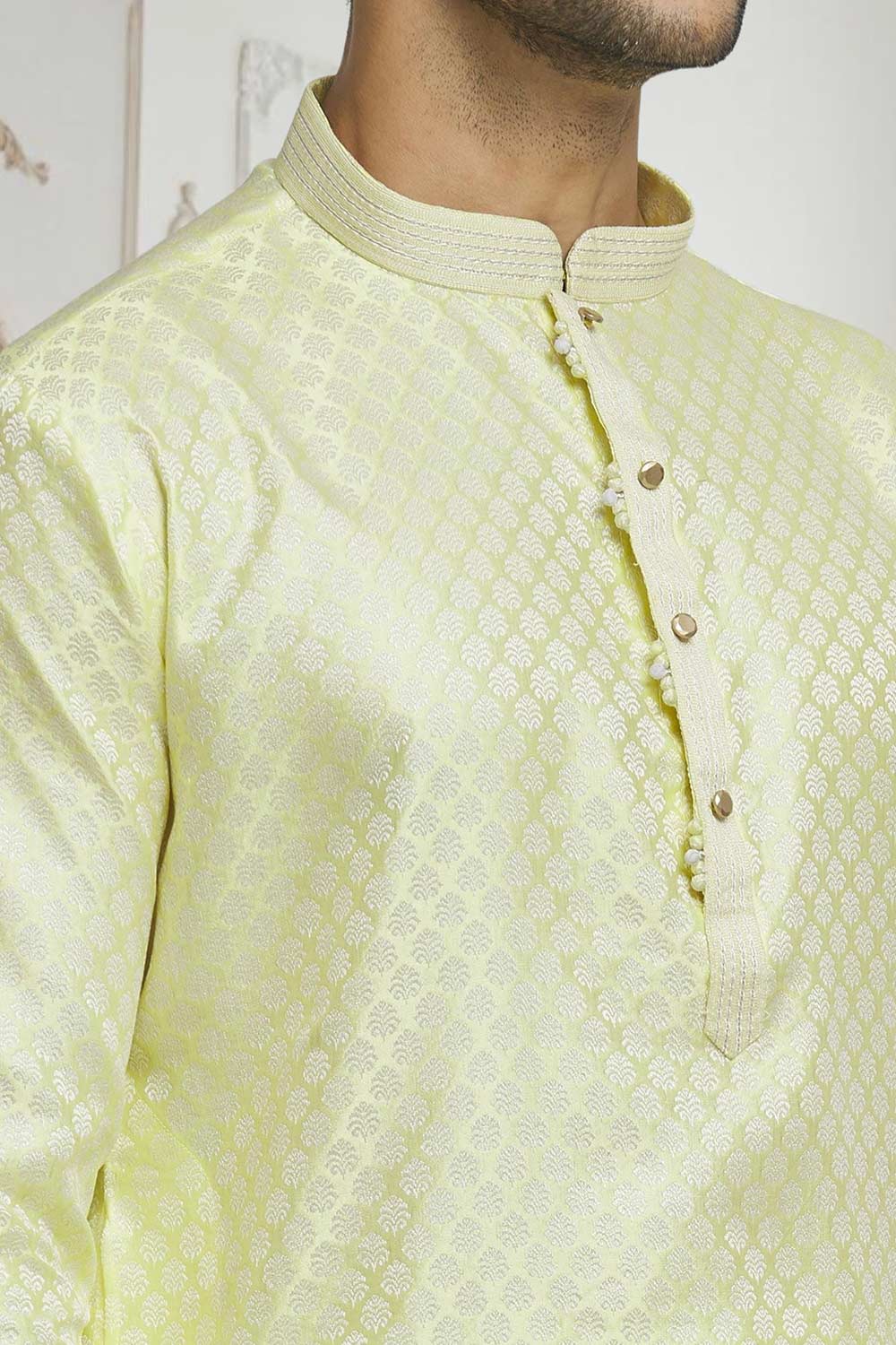 Yellow Off White Woven Kurta Pajama Set