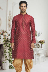 Maroon Gold Woven Kurta Pajama Set