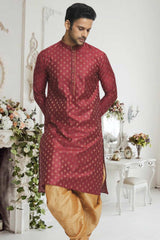 Maroon Gold Woven Kurta Pajama Set