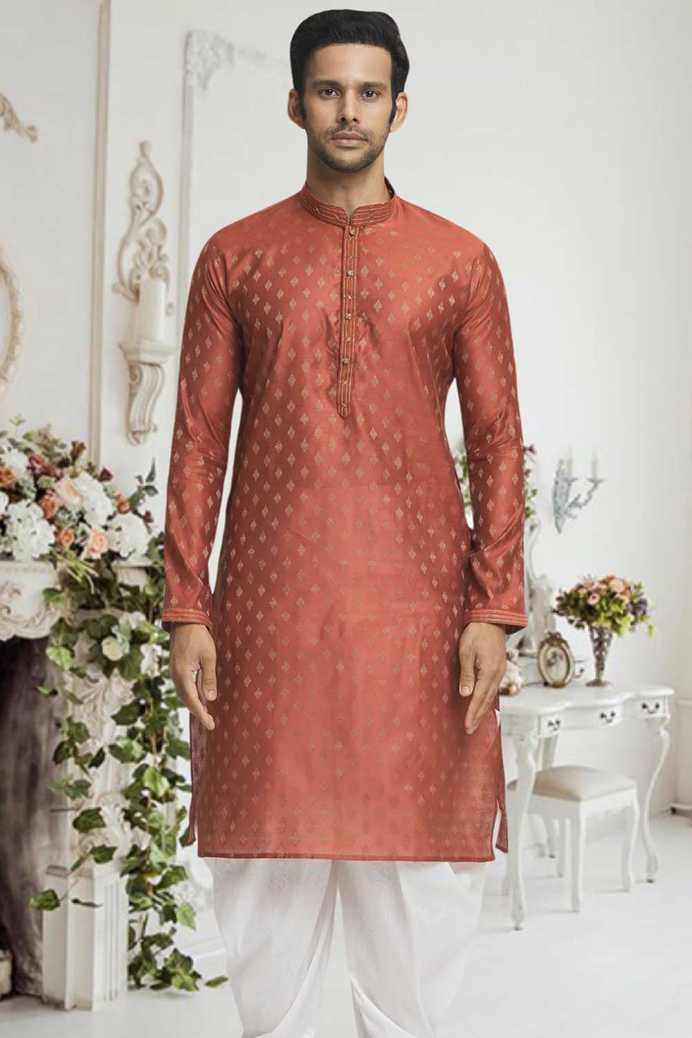 Light Brown Off White Woven Kurta Pajama Set