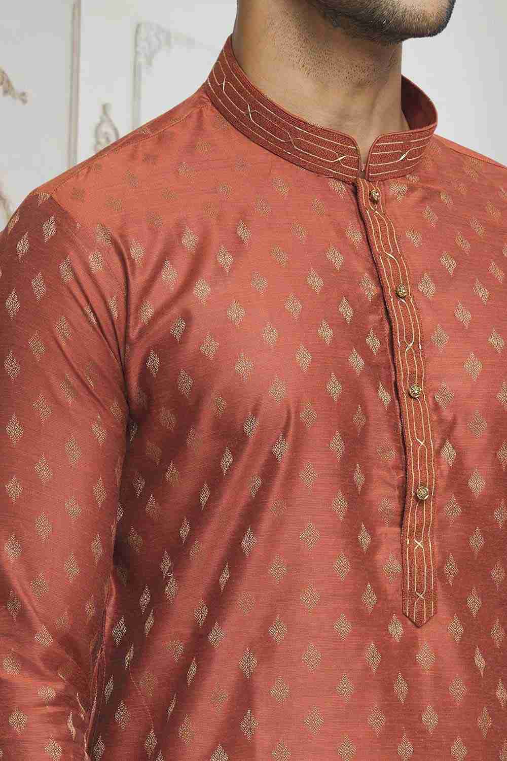 Light Brown Off White Woven Kurta Pajama Set