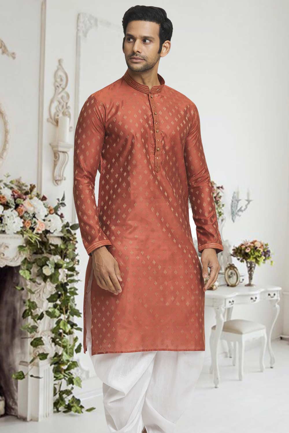 Maroon Gold Woven Kurta Pajama Set